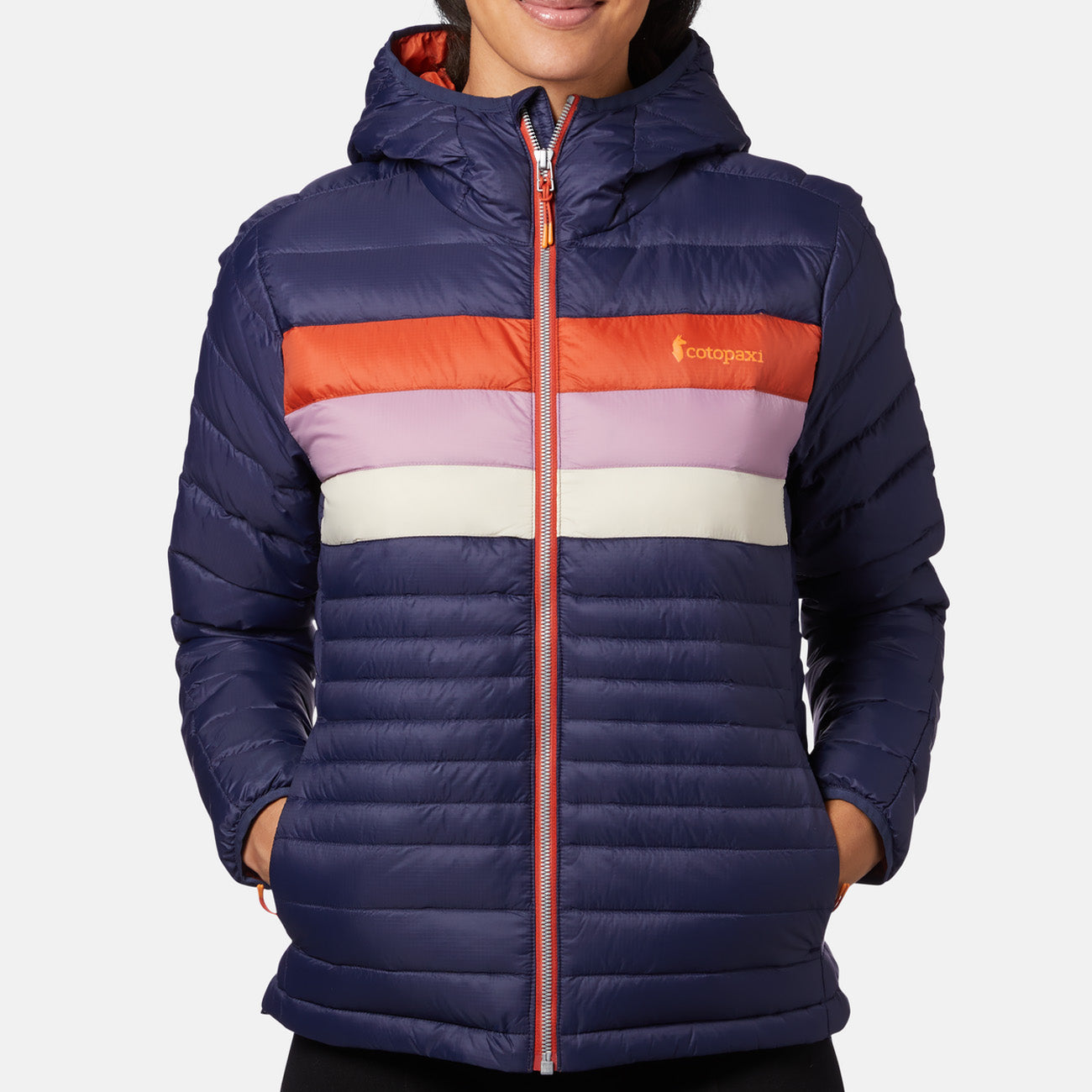 Cotopaxi Fuego Down Hooded Jacket Damen Maritime Cayenne Stripes